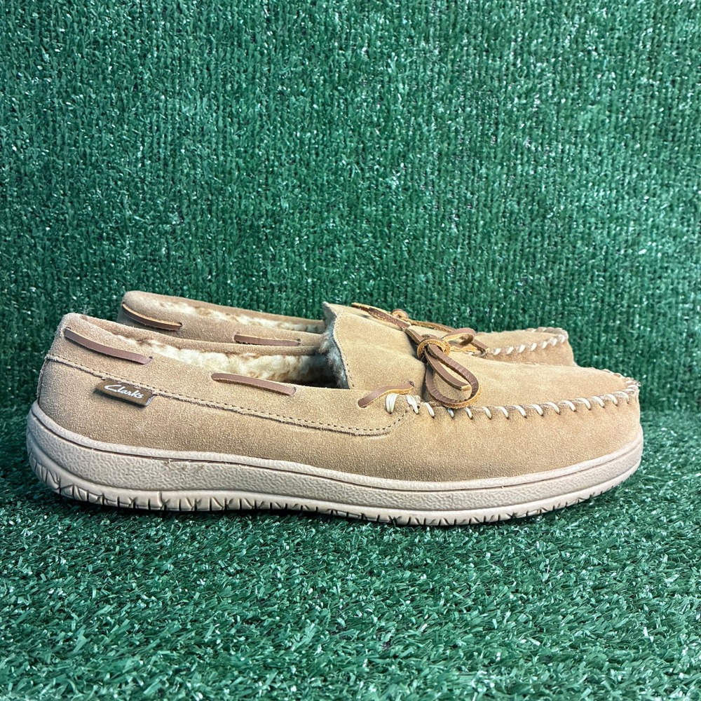 NEW Clarks Suede Faux Fur Lined Moccasin Slipper Loafers Tan Brown Mens Size 11M